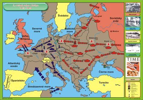 Mapa Európy počas druhej svetovej vojny s vyznačenými protifašistickými povstaniami