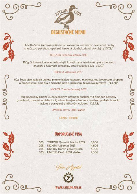 Ilustračná tabulka s délkou otvorenia reštaurácií a degustačné menu
