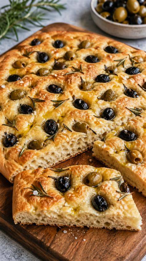 Focaccia s olivami a bazalkou - ilustračná fotografia hotovej focacie
