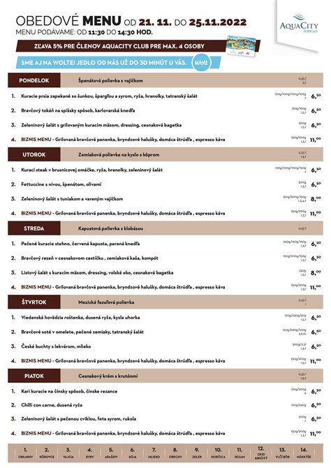Fotografia rôznych jedál z denného menu v reštaurácii