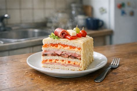 Slana torta z toastového chleba - vizuálna ukážka vrstvenia