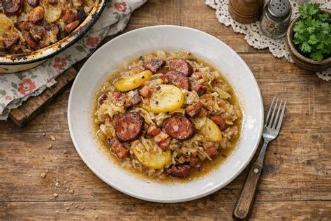 Zapekané zemiaky s kyslou kapustou a klobásou - vrstvy kapusta, zemiaky, slanina, klobása