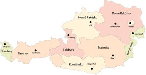 Mapa regiónov Rakúska s vyznačením Burgenland a Vinárske oblasti