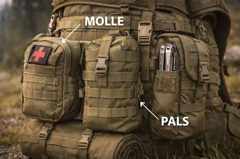 Графика systému MOLLE na batohu a jeho rozloženie popruhov