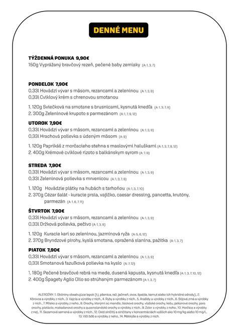 Obrázok s prehľadom denného menu a hlavne jedál - kategórie polievky, hlavné jedlá, dezerty