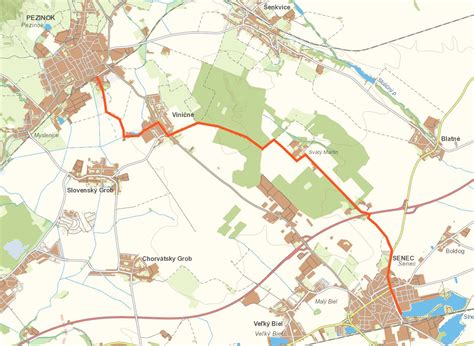 Mapa rozvozových zón Senec a okolie s cenami donášky