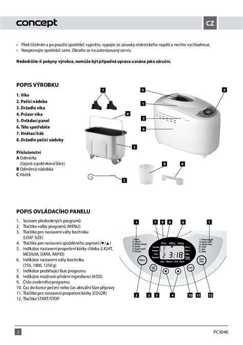 Schéma rôznych programov domácej pekárne Concept PC 5040