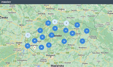 Mapa: Pobočky a distribučné kapsy Pekárne DUMAS PLUS