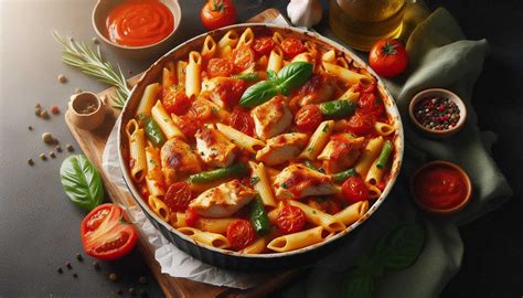 ingrediencie na cestoviny s kuracím mäsom a paradajkovou omáčkou