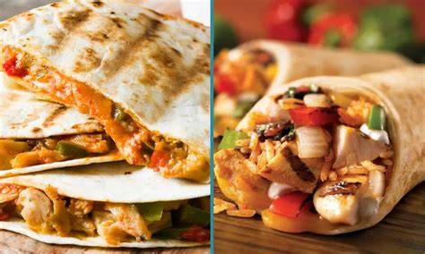 Infografika: Výber typu jedla a príkladné kombinácie (Burrito, Quesadilla, Bowl) s náplňami a salsami