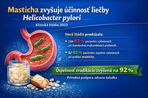 Infografika o vzťahu gastritídy, Helicobacter pylori a liečby