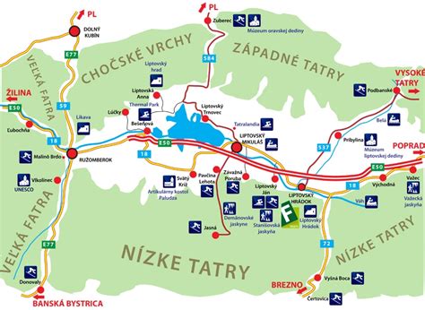 Mapa Liptova s vyznačenými atrakciami a reštauráciami