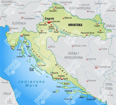 Mapa Chorvátska s vyznačenými regiónmi