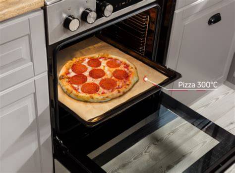 Tabuľka programov a teplotných nastavení (príklad) - Pizza 300 °C, Gril, Teplovzduch, Pary