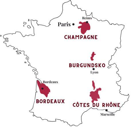 Francúzske vínne regióny mapka - Burgundsko, Bordeaux, Champagne, Alsasko a Loira