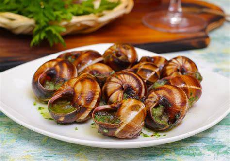 Escargots à la bourguignonne - ilustratívne usporiadanie ulít v keramickej nádobe