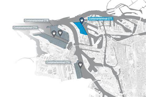 Mapa logistických terminálov Hamburgu (CTB, CTA, CTT) a dopravné spojenia