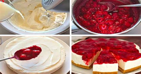 Infografika: postup pečenia vanilkového cheesecake so sekundárnou vrstvou malinového pyré
