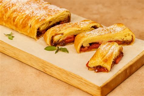 Obrázok zobrazuje vrstvený závin s Nutellou a jahodami