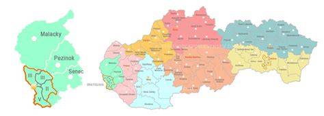 Mapa regionálnych špecialít Trnavského kraja a vyznačené mestá Piešťany, Trnava, Sereď