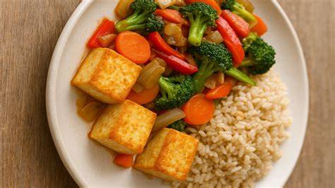 Obrázok: Pestrá miska s údeným tofu, zeleninou a ryžou