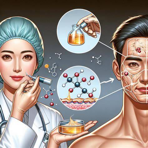 Mandlová kyselina - schéma mechanizmu chemického peelingu a vrstvenie látok