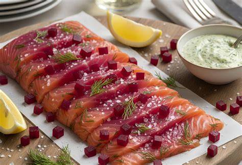 Schéma krokov gravlax: výber lososa, príprava soli a cukru, marinovanie, krájanie a servírovanie