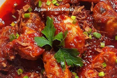 Ayam Masak Merah - ilustrácia farbistej omáčky s kúskami kuracieho mäsa