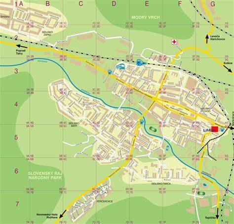 Mapa Spišskej Novej Vsi s hlavnými bodmi pre vegetariánske reštaurácie
