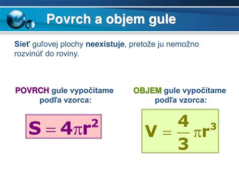 Infografika zobrazujúca vzorce pre objem a povrch gule