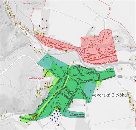 Mapa oblasti Veverská Bítýška a Bystrc s vyznačením hlavných bodov záujmu