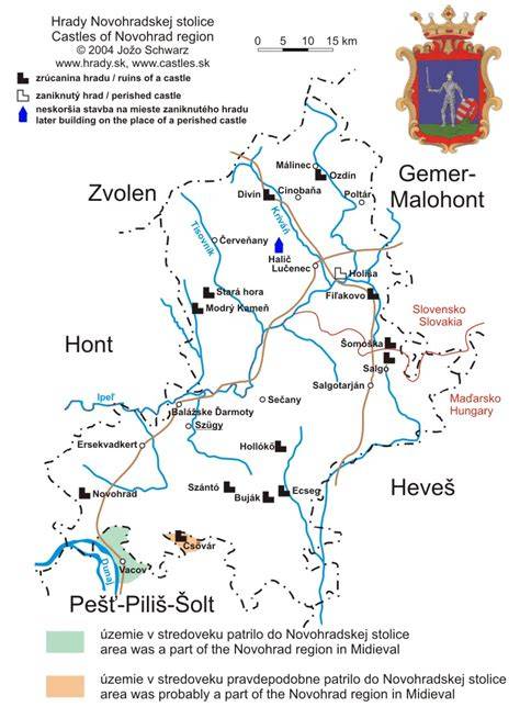 Infografika: Mapa Novohradu s Lučencom a blízkymi hradmi Divín, Fiľakovský hrad, Šomoška