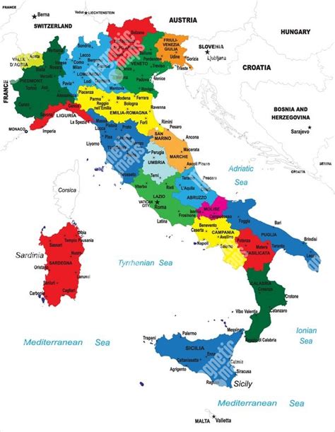 Mapa Talianska s vyznačenými regiónmi známej kuchyne