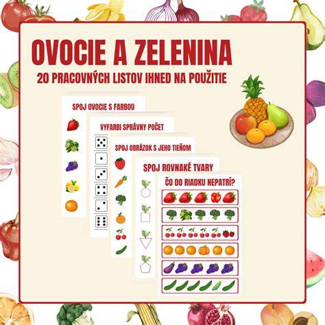 Infografika: Päť základných typov aktivít s ovocím a zeleninou v MŠ (rozdelenie na poznávanie, motoriku, jazykové hry, výtvarné aktivity, senzorické zážitky).