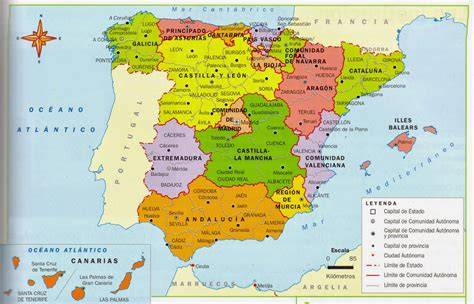 Mapa regiónov Španielska s vyznačením Valencia, Andalúzie a Galície