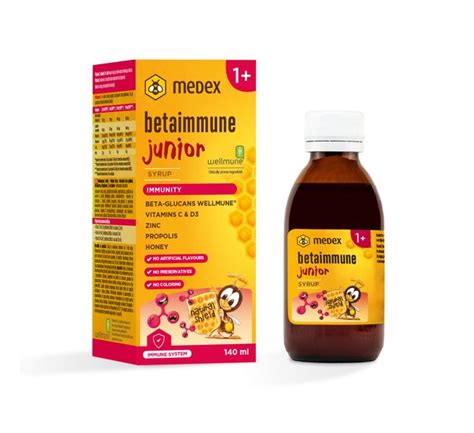 Fľaša sirupu BetaImmune Junior so zložením (med, betaglukány, vitamín C, D, zinok)