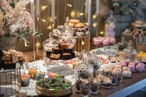 Candy bar s rôznymi sladkosťami na svadobnej oslave