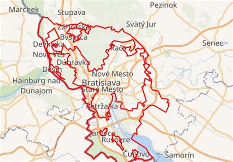 Mapa hlavných zmrzlinární Bratislavy a okolité mesto ukazujúca koncentráciu predajní na Hviezdoslavovom námestí a v centrálnych štvrtiach