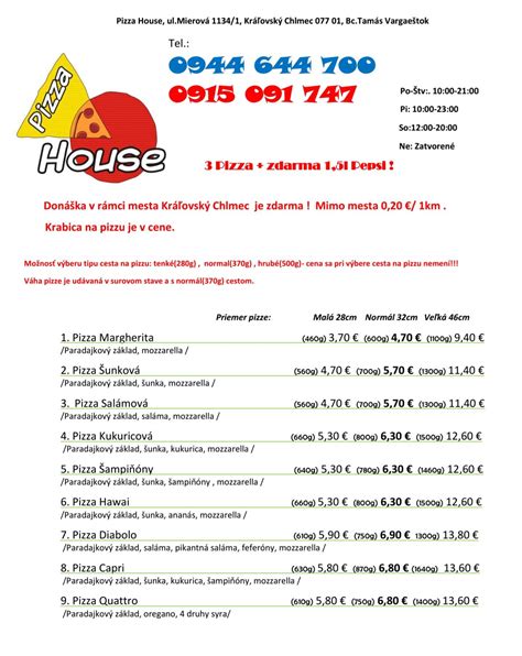 Obrázok zobrazuje výber pizzí 28 cm z ponuky Pizza House Kráľovský Chlmec