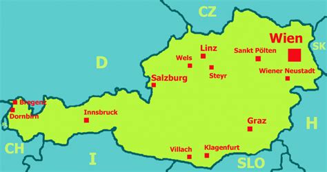 Mapa Rakúska s vyznačeným mestom Linz